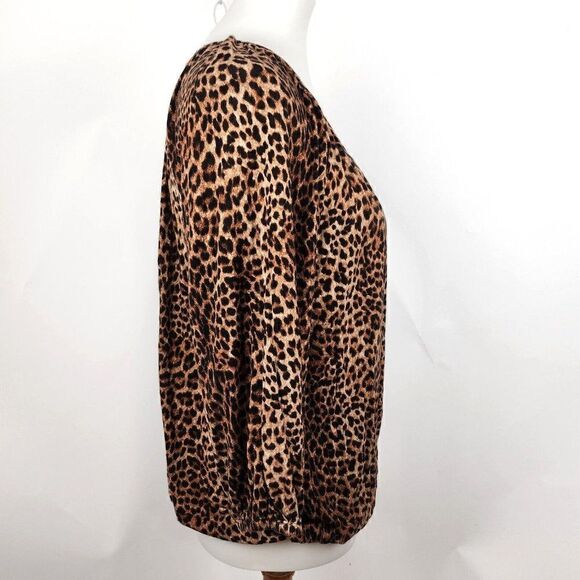 MK Michael Kors Animal Leopard Cheetah Print 3/4 Knit Jersey Top Womens M - Picture 2 of 6